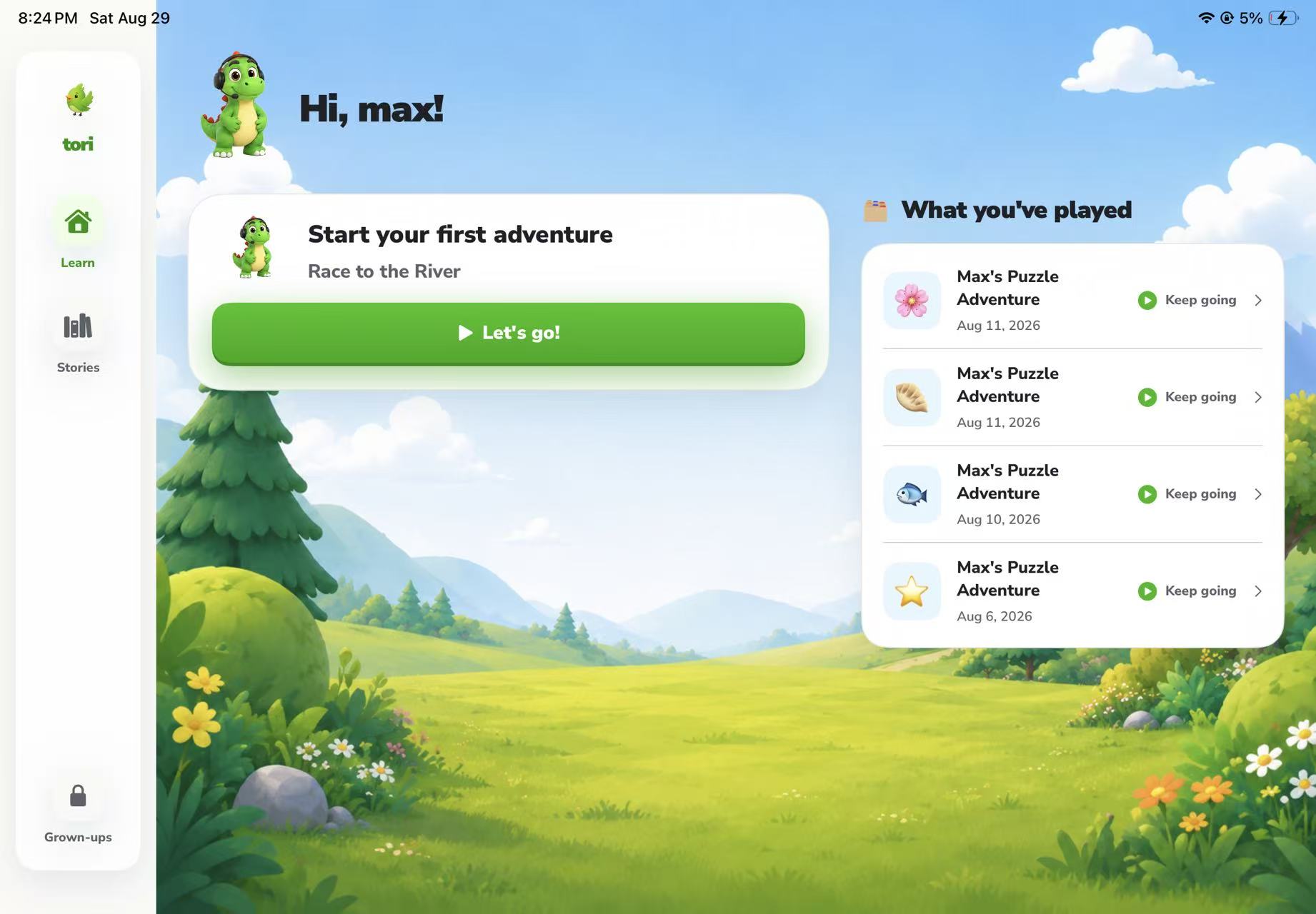 Tori Learn screen showing the next adventure