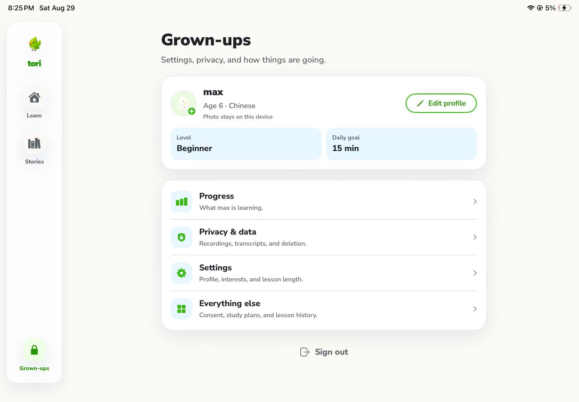 Tori Grown-ups screen with privacy and progress controls