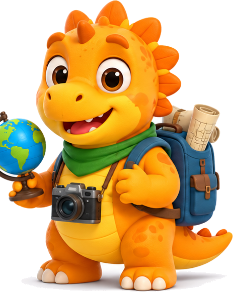 Scout, the orange dinosaur with a backpack and camera